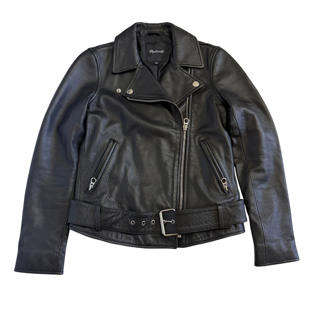 Madewell Washed Leather Motorcycle Jacket Black B0648 XS Womens Biker Belted
